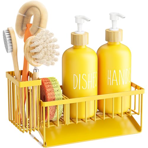 Image of Cisily Yellow Dish Soap Dispenser Set, 16 fl Oz Dual Kitchen Soap Dispensers with Sponge Holder, Customized Stainless Steel Kitchen Soap Dispenser Set, Lemon Kitchen Decor and Accessories