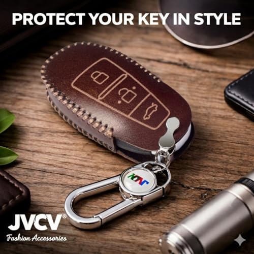 Image of JVCV Soft Handmade Leather Car Key Cover Compatible with Maruti Suzuki Baleno Ciaz Vitara Brezza S Cross Swift Ignis and Toyota Urban Cruiser Smart Key with Keychain (Brown)