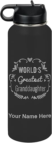 Miniatura 64 de LaserGram Botella de agua de doble pared con tapa abatible de 20 onzas con popote, la nieta más grande del mundo, grabado personalizado incluido