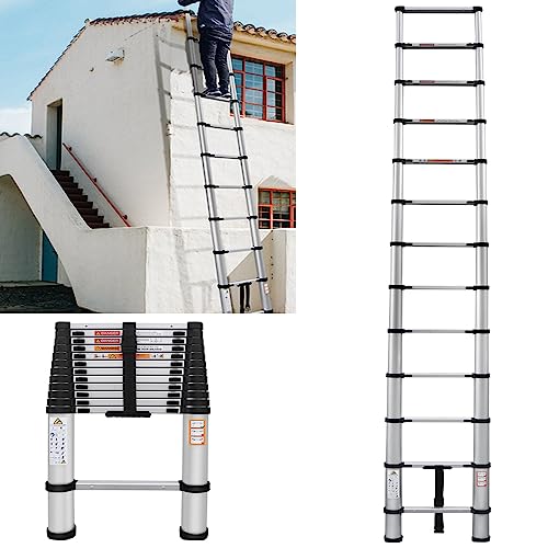 16.4FT/5M Aluminum Telescoping Extension Ladders Multi-Purpose Foldable Aluminum Telescopic Ladder EN131 Standards Portable Lightweight Extension Ladder with Non-Slip Feet Max Load 330lb/150kg