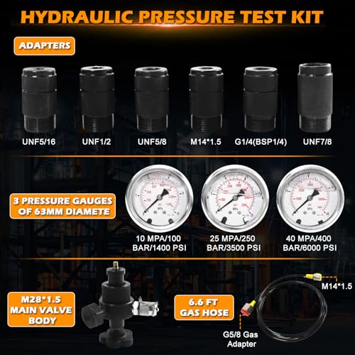 Image of Hydraulic Nitrogen Accumulator Charging Kit, Pressure Test System, Gas Charge Tools with 3 Pressure Gauges 7 Couplings Gas Hose Main Valve, 100 /250 /400 Bar, 1500 /4000 /6000PSI