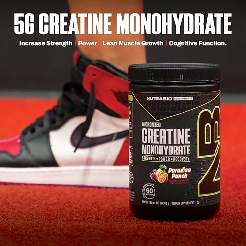 Image of NutraBio Pure Micronized Creatine Monohydrate Powder Supplement,Paradise Punch,(300g)-Supports Bulk Muscle Energy, Recovery, and Strength-HPLC Tested Creatine Powder Supplement for Men and Women
