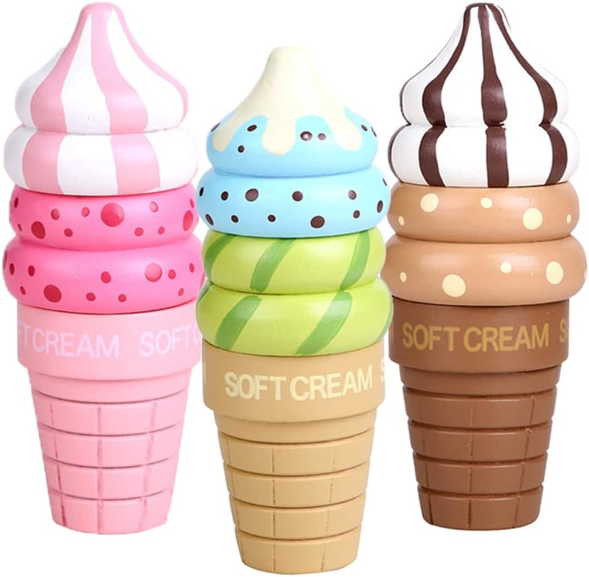 – 3PCS Wooden Ice Cream Magnetic Connected Food Pretend Play Children Gift Toy Game Random Color
