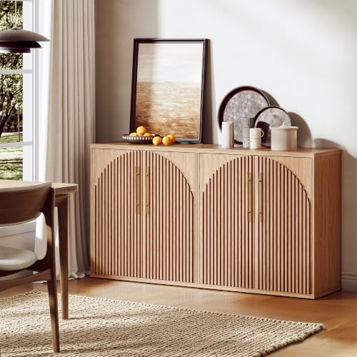 Image of Buffet Cabinet with Storage, 31.5 inch Sideboard Cabinet w /Fluted Arch Doors & Adjustable Shelves, Modern Credenza Accent Coffee Bar Console Table for Dining Room, Entryway