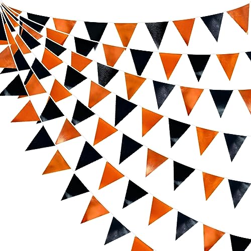 32Ft Orange Black Fabric Triangle Banner Flag Double Sided Metallic Holographic Pennant Bunting Garland for Halloween Fall Autumn Thanksgiving Graduation Birthday Wedding Baby Shower Party Decoration