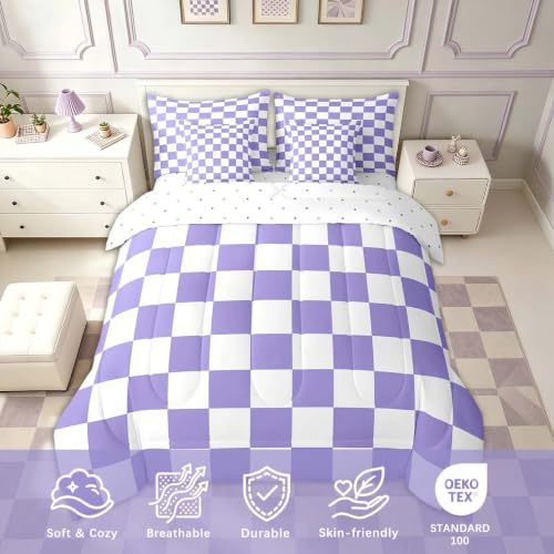 Image of Feelyou Checkered Retro Comforter Set with Sheets 7 Piece Twin Size Purple Plaid Bedding Set for Kids Boys Girls Geometric Vintage Bed in a Bag Modern Simple Groovy Aesthetic Room Decor Soft