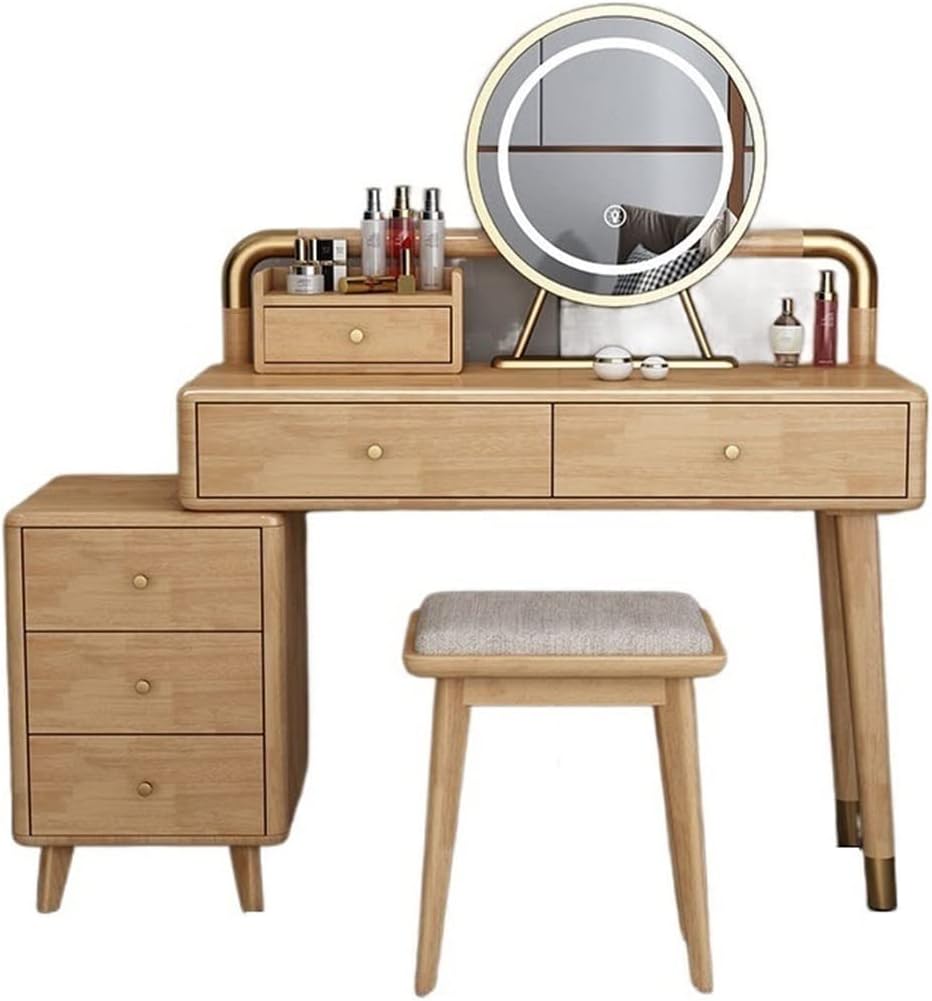Vanity Dressing Table Set Luxury Makeup Bench with 3 Colors Led Hd Mirror,Comfortable Stool Drawers Cabinet,Modern Simple Style,for Girl's Gift (Color : E, Size : 100CM) (B 100CM)