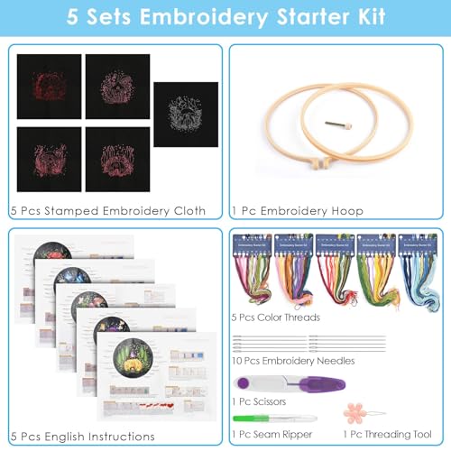 ERKOON 5 Sets Embroidery Kit for Beginners, Art Craft Handy Sewing Set Mushroom Cross Stitch Starter Kits, DIY Embroidery Kits with Patterns and Instructions Hoops Needles Threads