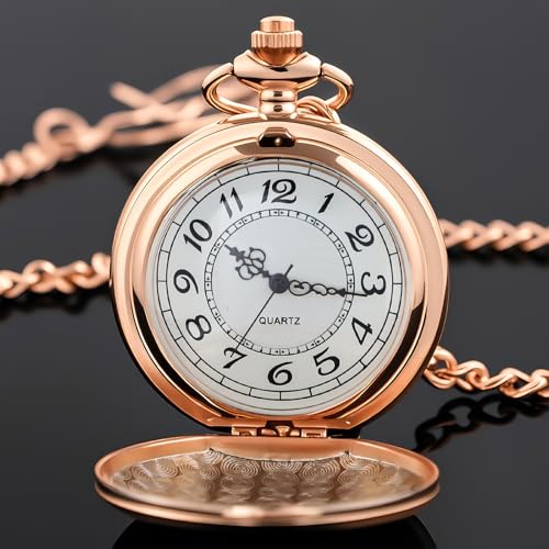 Image of Rose Gold Smooth Pocket Watch Rose Gold Steel Quartz Arabic Numerals with 37cm Chain for Father's Day Xmas Best Gifts