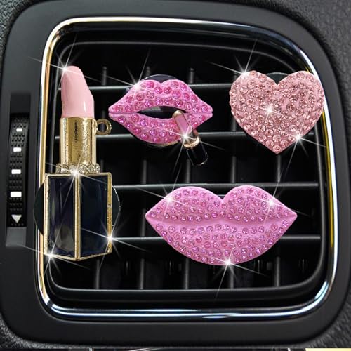 Image of 4 Pcs Pink Lips Air Vent Clips, Sexy Lips Kiss Heart Shape Car Air Fresheners, Charms Rhinestone Diffuser Vent Clip Cute Car Decor Bling Car Accessories for Women, Automotive Air Fresheners (Pink, 4)