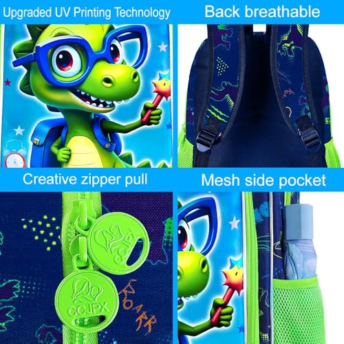 Image of HPJGD 3PCS Boys Dinosaur Backpack, Water Resistant Kids Bookbag Set with Lunch Box, Cool School Bag for Preschool Toddler - Glasses Dinosaur