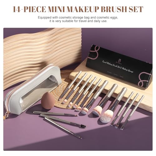 Travel Makeup Brush Set BS-MALL 14 Pcs with 1 Pcs Makeup Sponge – Essential Foundation Powder Concealers, Eye Shadows, Blush Makeup Brushes with Travel Makeup Case (Champagne)