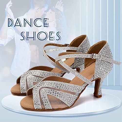 Dkzsyim Women Rhinestone Latin Ballroom Dance Shoes Bachata Salsa Practice Performance Dance Shoes,1025-Grey,3 Inch,Suede,Us 9.5 #TOP1