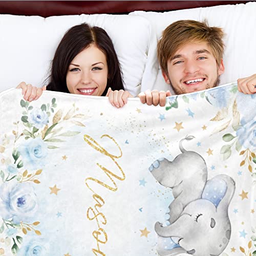 Image of Personalized Elephant Blanket with Name for Baby Custom Kids Name Blanket