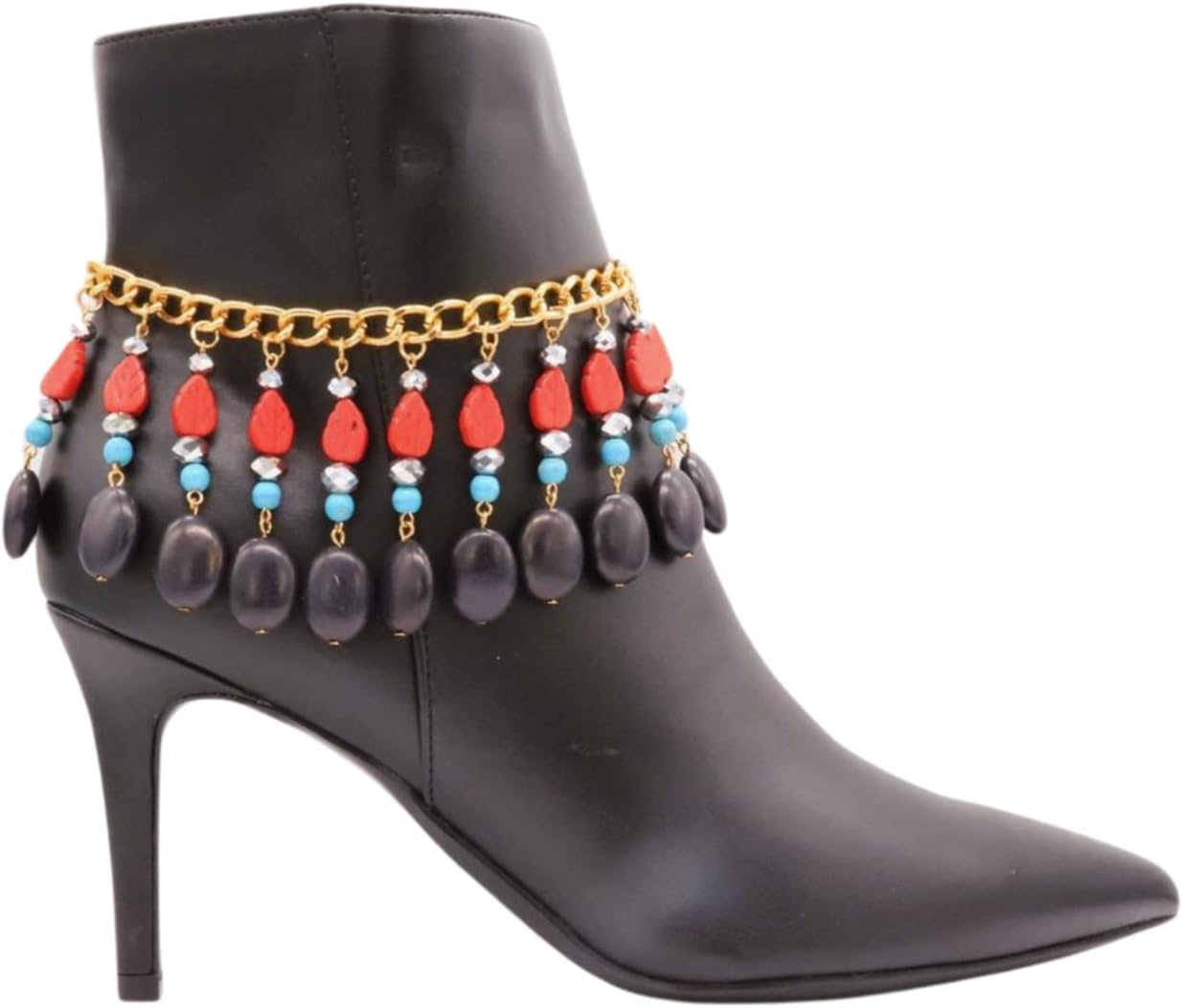 Women Western Boot Chain Bracelet Gold Metal Shoe Anklet Red Leaf Turquoise Beads Charm Jewelry