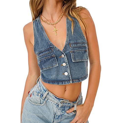 Miqil Women Sexy Denim Camisole Corset Bustier Zip Up Sleeveless Crop Tank Top Summer Tie Up Spaghetti Strap Backless Vest (Blue D, Small) #TOP4
