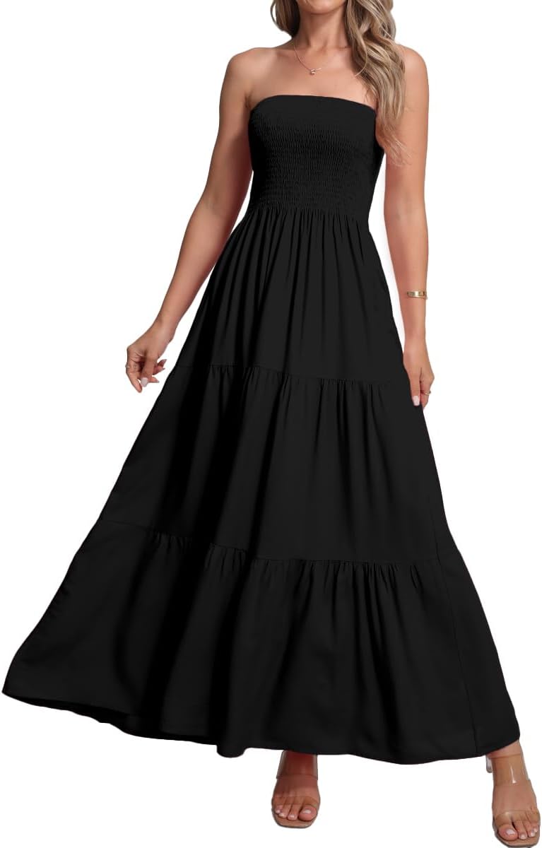 Women's Casual Off Shoulder Maxi Dress Strapless Tube Top Bohemian Beach Long Dresses 092