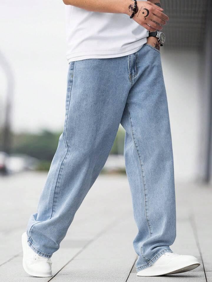 Image of Men Straight Fit Denim Jeans | Washed Blue Casual Denim Pants | Comfortable Classic Straight Leg Jeans for Men | Street Style & Office Casual Wear