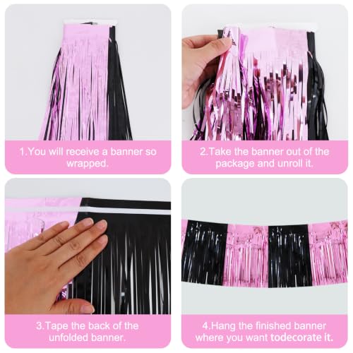 Image of BEISHIDA 3 Pack Black Pink Foil Fringe Garland 30ft Wall Tinsel Banner