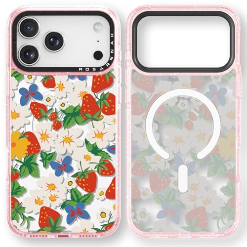 Coque iPhone 17 Pro pailletée rose motif fraises compatible Magsafe