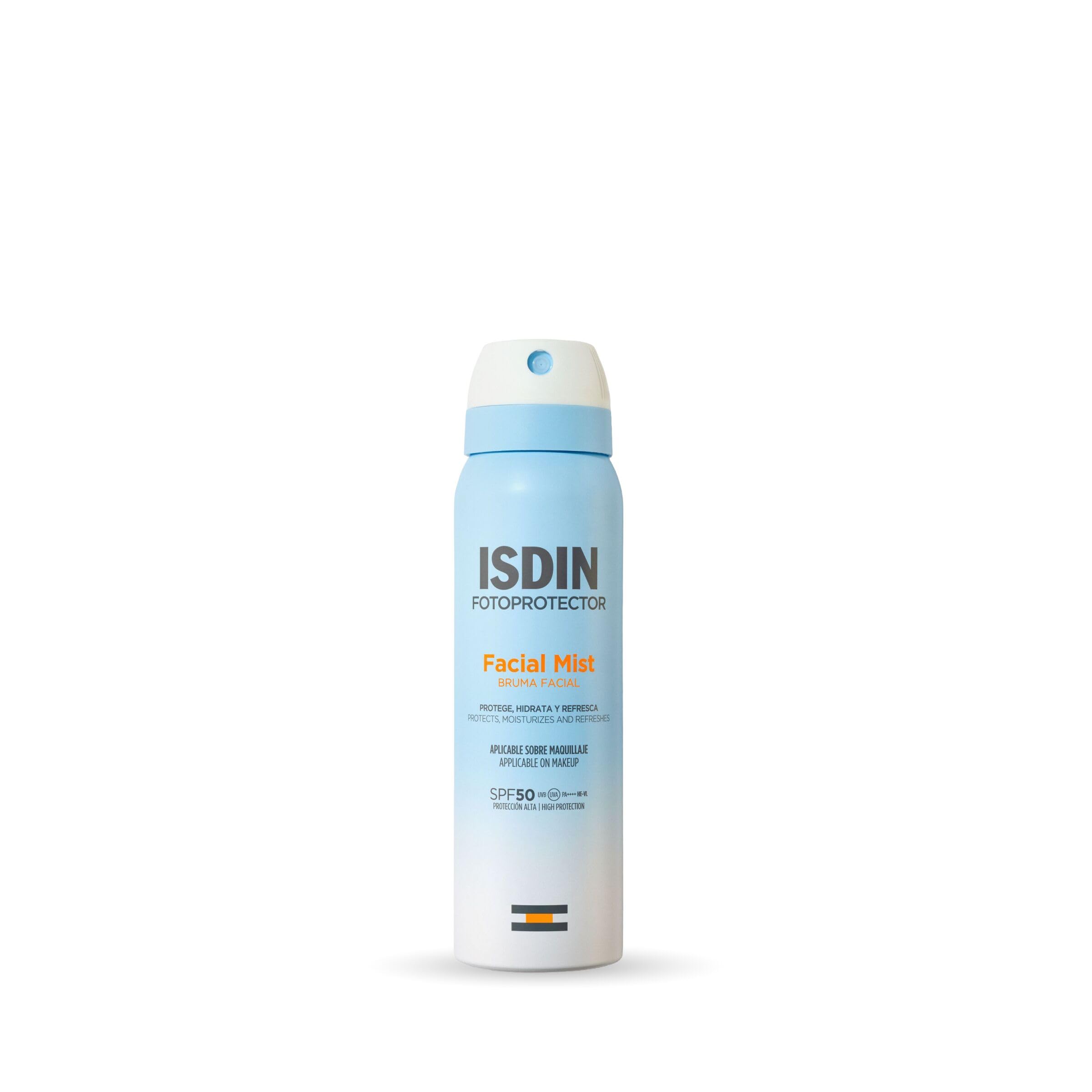 ISDIN Facial Mist SPF 50 (100 ml) | Ultradünner und unsichtbarer Sonnennebel für Gesicht | schützt, befeuchtet und fixiert das Make-up | Strahlender Haut-Effekt | wasserabweisend | geeignet für