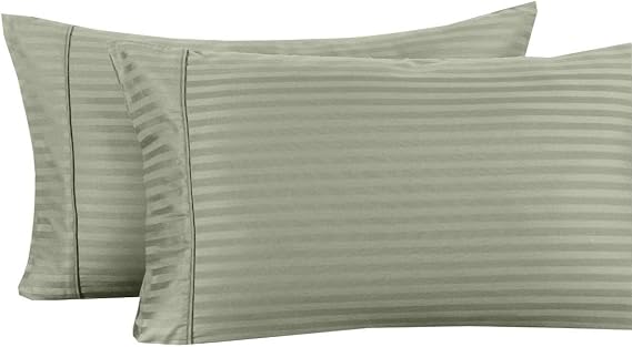 sheetsnthings Damask Stripes 650-Thread-Count Cotton-Blend 4PC Queen Bed Sheets Set, Sage