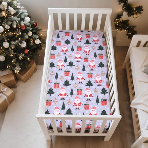 Image of Christmas Crib Sheet, Baby Fitted Crib Sheet with Santa Claus, Christmas Trees, Gifts, Measuring 52 inch x 28 inch to fit Standard Crib and Toddler Mattresses, Grey