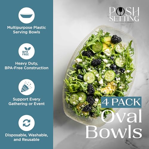 Posh Setting - Disposable Oval Party Bowls, Plastic Serving Bowls - Glitter Gold, 4 Pack - Thumbnail 4