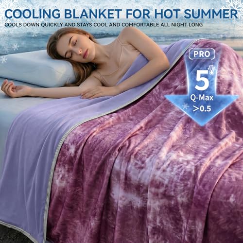 Image of Guohaoi Cooling Throw Blanket for Hot Sleepers, Full Size 60''x90'' Lightweight Breathable Summer Bed Blanket for Couch, Arc-Chill Q-Max >0.5 Cool Fiber,Lightweight Tie Dye Blanket Purple
