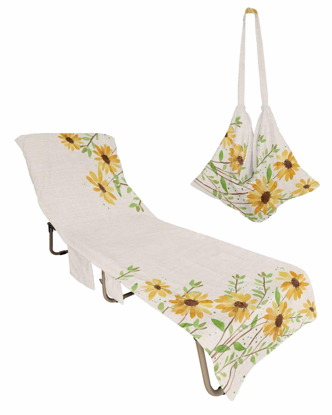 Daisy Flower Beach Chair Towel Covers for Chaise Lounge with Side Pocket, Soft Plush Pool Towels Cover for Patio Sunbathing Outdoor 29''x85'' Vintage Yellow Flower Green leaves
