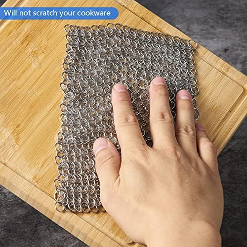 Guador 2PCS Cast Iron Cleaner,Stainless Steel Scourer 6x6 Inch Round and Square Chainmail Scrubber with Durable Plastic Pan Grill Scrapers for All Types of Skillet Griddles Griddle Cleaner Tools