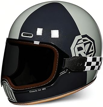 Full Face Motorcycle Helmet with Visor, DOT Approved, ABS Shell, Retro Color Block Design with Checkered Strap, for Men and Women