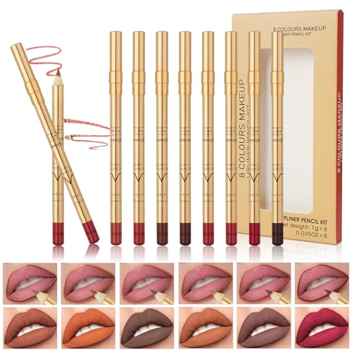 LOPHE Delineador de Labios, 8 Piezas Perfilador de Labios Permanente, Kit de Lápices de Labios de Larga Duración, Lápiz Labial con Tubo Dorado, Juego de Cosméticos para Mujeres Maquillador