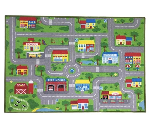 Image of HUAHOO City Street Map Kids' Rug with Roads Kids Rug Play mat with School Hospital Station Bank Hotel Book Store Government Workshop Farm for Boy Girl Nursery Bedroom Playroom Classroom (47" X 31.5")