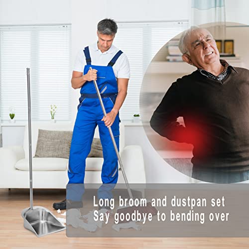 SUTINE Besen und Kehrschaufel Set für Zuhause, Edelstahl Besen mit Kehrschaufel Combo Set, 142,2 cm verstellbarer langer Griff Innenbesen Stehender Kehrschaufel und Besen Set für Küche Büro Indoor – Bild 3