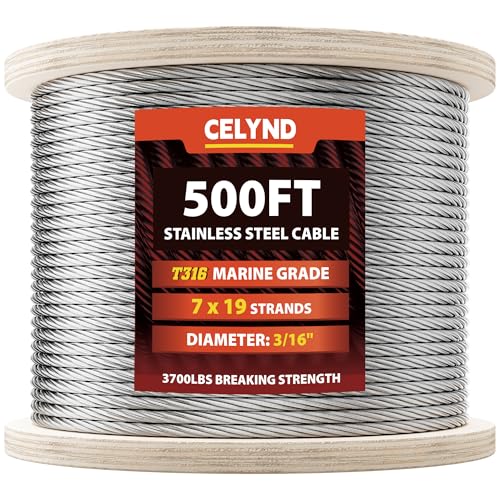CELYND Stainless Steel Cable for Railing - 500FT 3/16 T316 Wire Rope - 7 x 19 Strands 3700 LBS Breaking Strength with Clips Thimbles and Crimping Sleeves for Outdoor Deck Railing DIY Projects