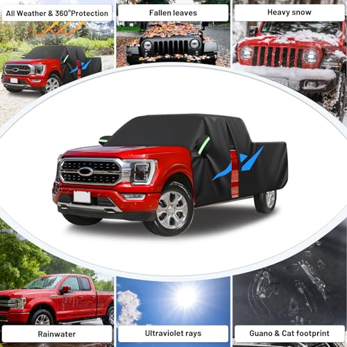 Image of Cartist 420D Waterproof Car Cover Fits for Ford F150 Supercrew /Silverado 1500 2500 /Sierra Denali 1500 Truck car Covers with Zipper Door & Reflective Safety Strips,Sun Rain Snow Dust Uv Protection