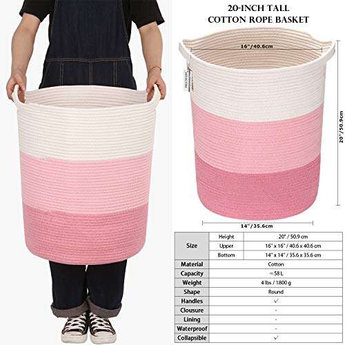 Sea Team Large Size Cotton Rope Woven Storage Basket With Handles, Laundry Hamper, Fabric Bucket, Drum, Clothes Toys Organizer For Kid's Room, 20 X 14 Inches, Round Open Design, White & Pink #TOP4