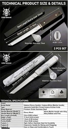 سكين مطبخ كاتانا صغير للجيب على الطراز الياباني مع غمد - سكين فاكهة وخضروات من الستانلس ستيل - سكين ساموراي صغير بمقبض من خشب الابنوس للتخييم والمطبخ والمطعم والهدايا