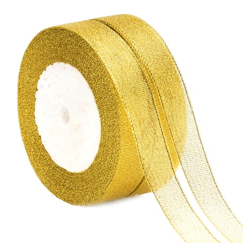 KINGLAKE Cinta de organza dorada, envoltura de purpurina de 20 mm, 44 m, decorativa metálica brillante para regalos, manualidades, ramos, decoraciones de boda