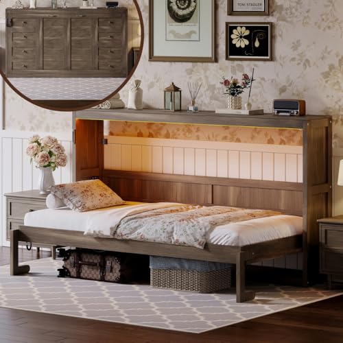 SOFTSEA Twin Size Horizontal Murphy Bed with LED Light, Space-Saving Foldable Wall Beds Cabinet with LED, Foldable Wall Bed Cabinet, Hideaway Murphy Bed Frame Twin, Brown