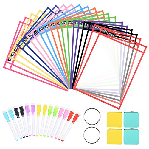INFUN Dry Erase Pockets - 20 Pack,Oversized Reusable Dry Erase Sleeves, Multicolored Dry Erase Pocket Sleeves with 20 Markers 4 Eraser 2 Metal Rings for Classroom Organization & Teaching Supplies