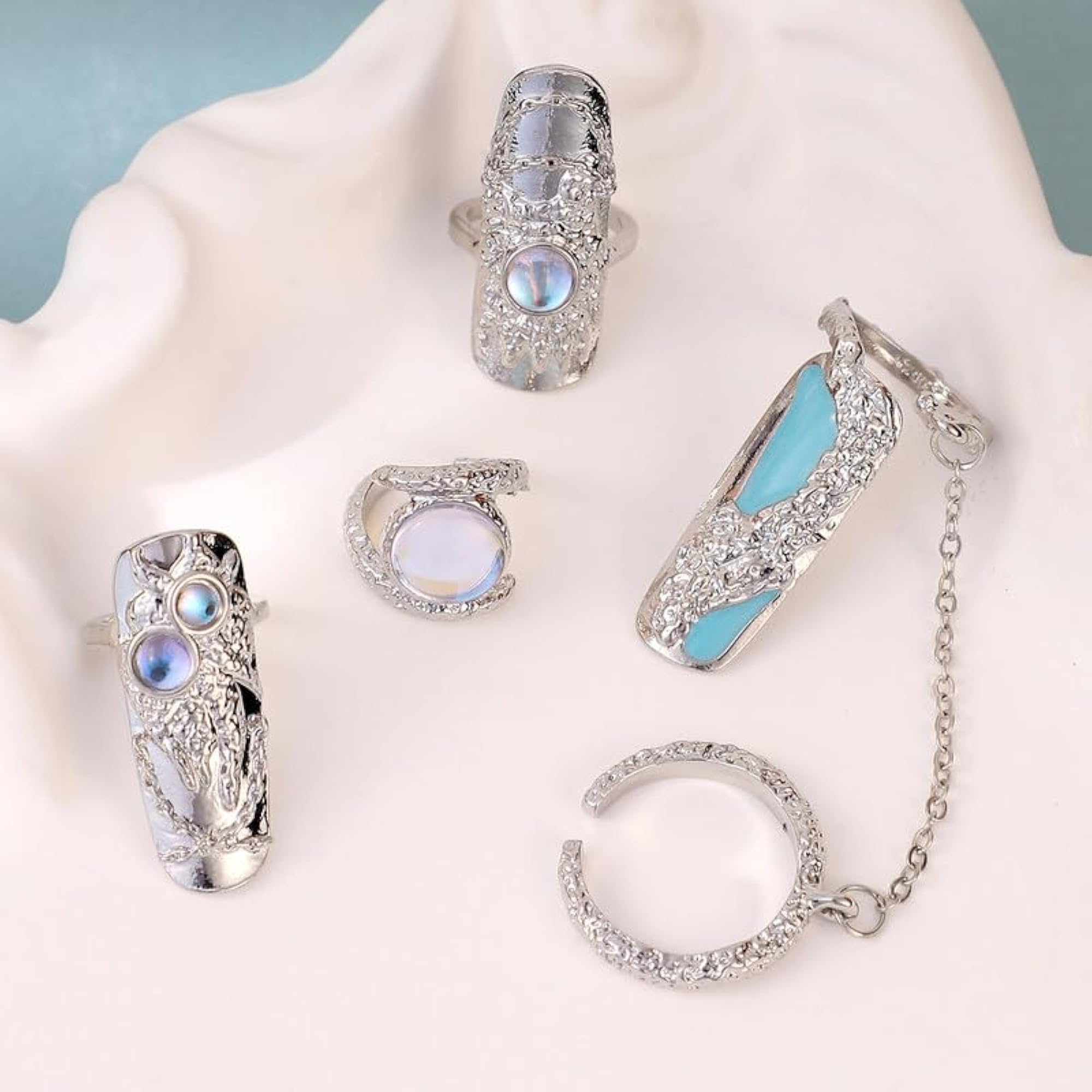 Women's Jasmine Nail Ring Set, Metallic Silver Colour