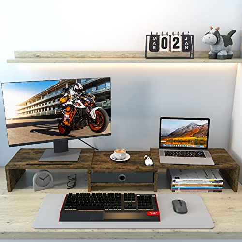 Image of WESTREE Dual Monitor Stand Riser with Drawer, 3 Shelf Computer Monitor Riser with Adjustable Length and Angle, Desktop Monitor Stand Riser Storage Organizer for 2 Monitors