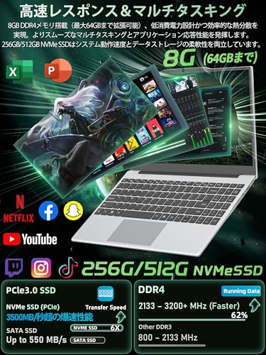 undefined Fsjun ノートパソコン Office 2024&win 11搭載 14型 1920*1080 IPS液晶 数字キー付き薄型ノートPC インテル Celeron N5095 【N4000とAMD3020eより速い】4コア プロセッサー / 8GBメモリ/ Pcie SSD 512GB 2.4g&5g Wi-Fi 対応 ラップトップ 初心者にシルバー の商品画像 3