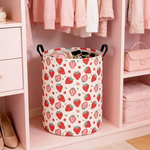 Image of Strawberry Fabric Storage Bin Nursery Organizer Basket | Organizer Bin Dirty Clothes Collapsible Waterproof for College Dorms, Boys and Girls Bedroom,Bathroom