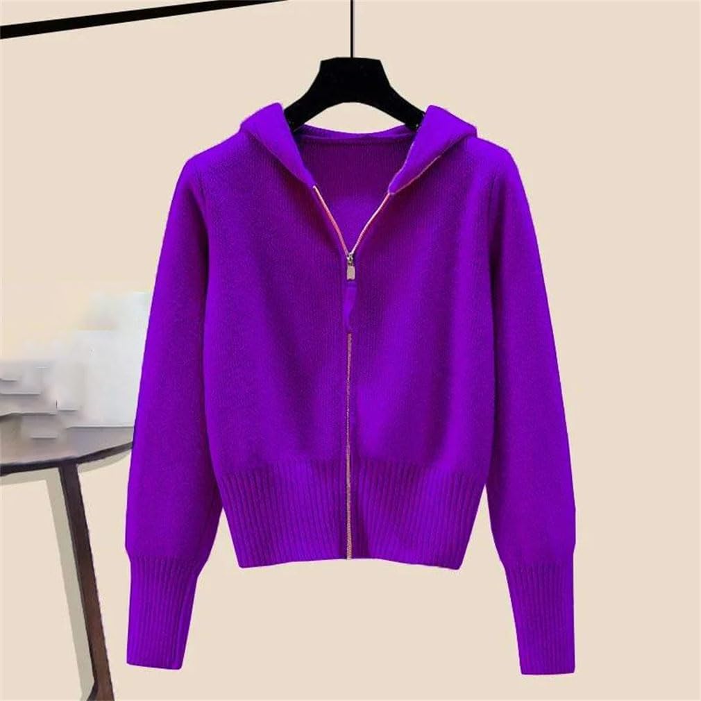 Women Long Sleeved Double Zipper Soft Cardigan Sweater with Hat Feeling Top Female Hooded Sweater Coat