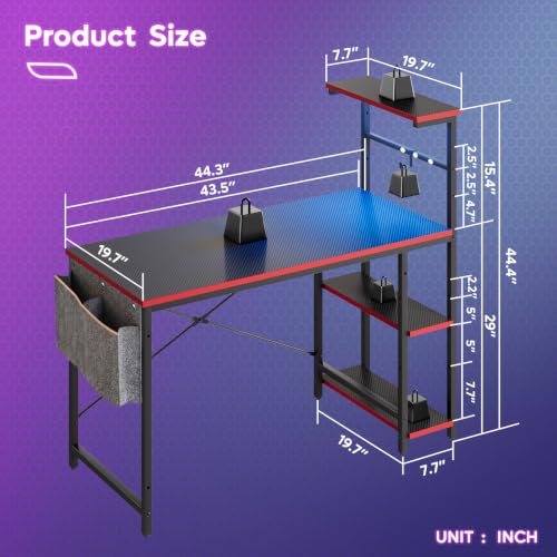 Image of Bestier Gaming Desk with LED Lights, 44 Inch PC Gamer Desk for Small Spaces, Computer Desk with Reversible Storage Shelves & Side Storage Bag (Black 3D Carbon Fiber)