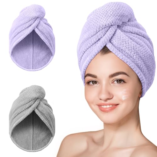 Image of Hicober Microfiber Hair Towel,2Packs Super Absorbent Quick Dry Hair Towel Turban Soft Wrap for Women,Hair Care Accessories Wet Hair(Purple,Grey)