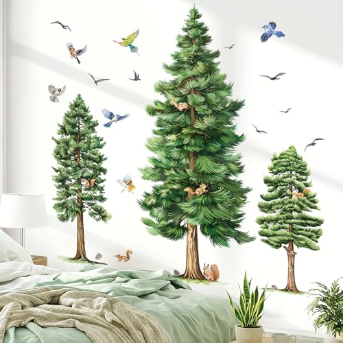 wondever Pine Tree Wall Decals Watercolor Woodland Bird Wall Stickers (XL)